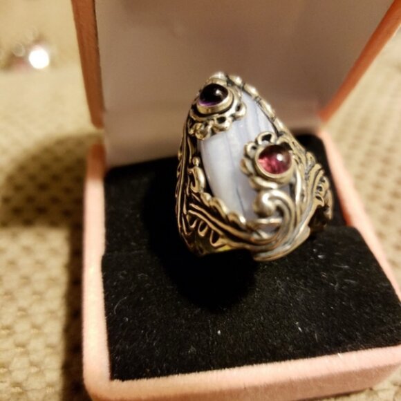 🌹2XHP- CAROLYN POLLACK STERLING SILVER MOONSTONE&TWO SMALL AMETHYST RING/SIZE 7 - Picture 2 of 11